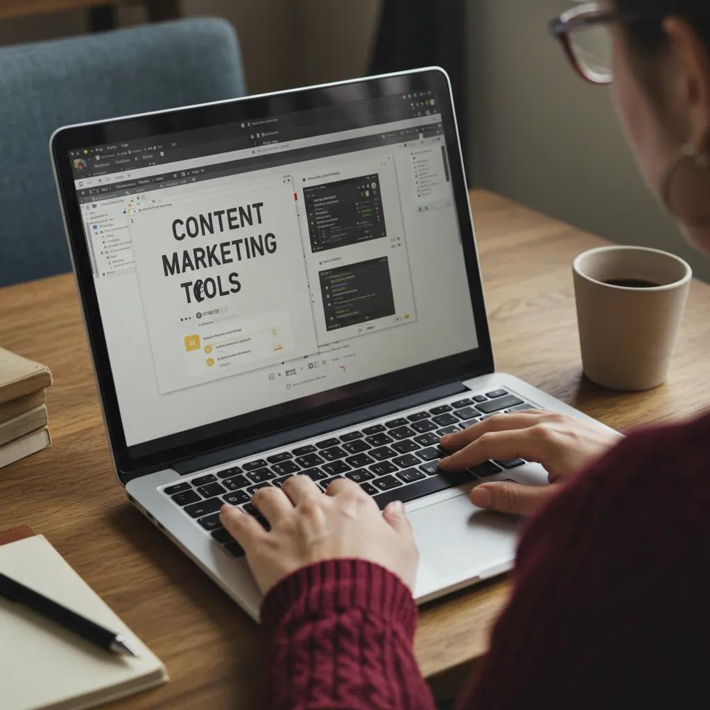 Individual selecting content marketing tools on a laptop in a cozy workspace