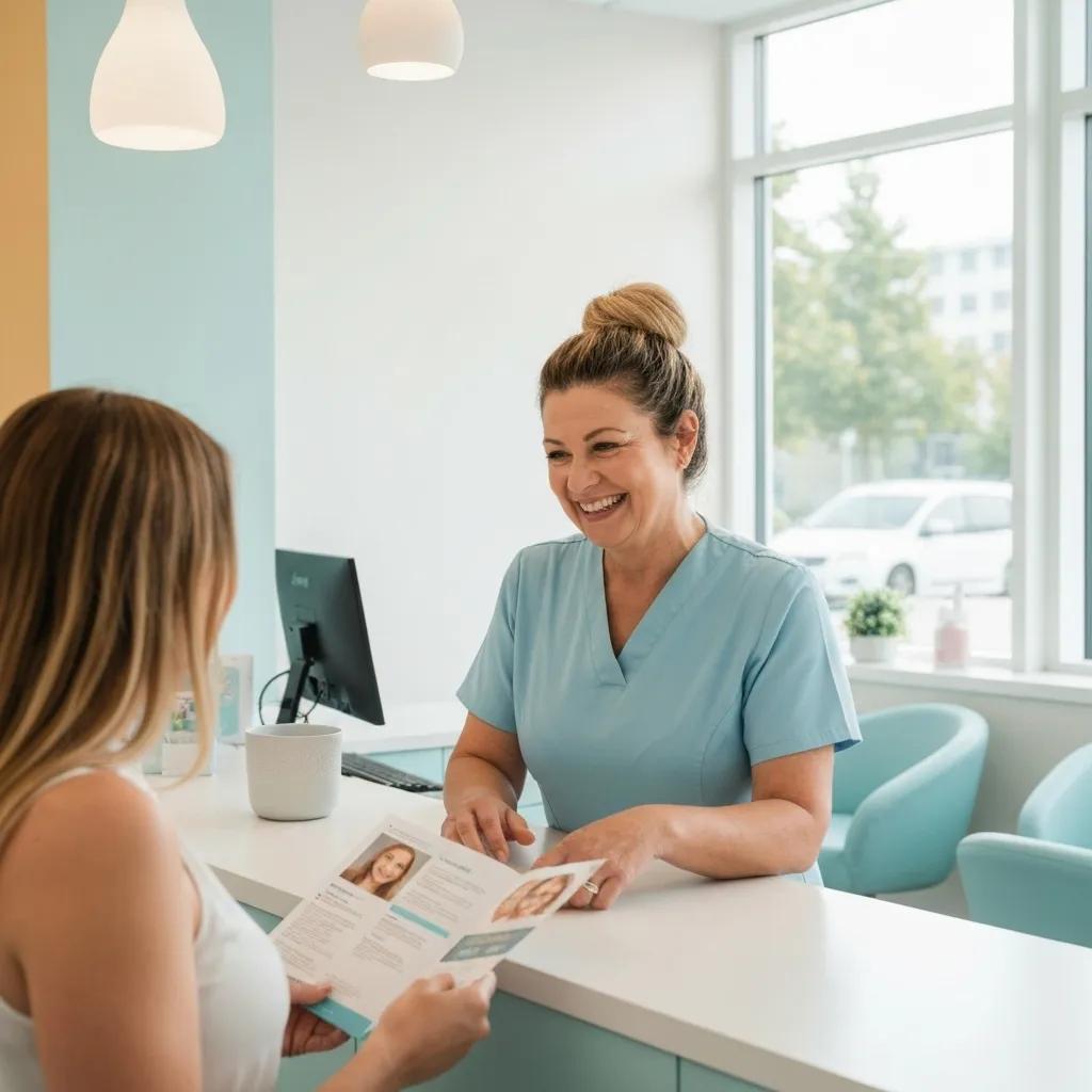 Modern dental practice reception area with a friendly dental professional and patient interaction