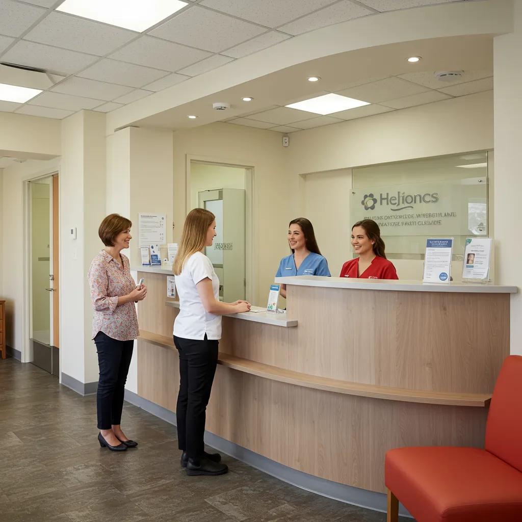 Modern healthcare clinic reception area with staff and patients