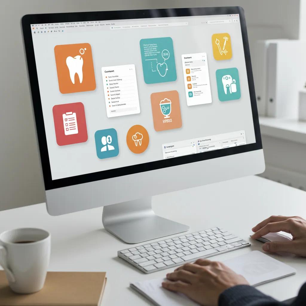 Overview of content scheduling tools for dental practices, featuring modern interfaces and dental themes