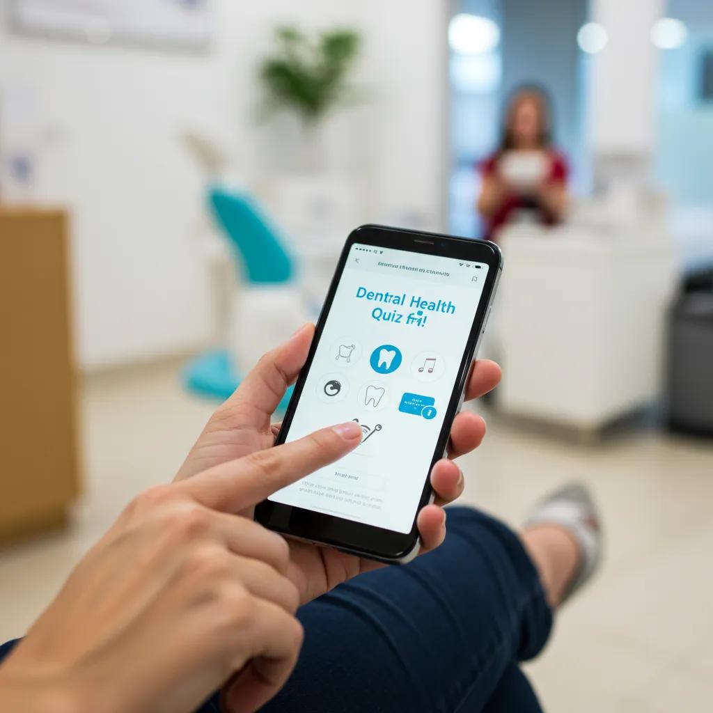 Patient engaging with a dental health quiz on a smartphone in a modern waiting room, showcasing the impact of interactive content on patient engagement