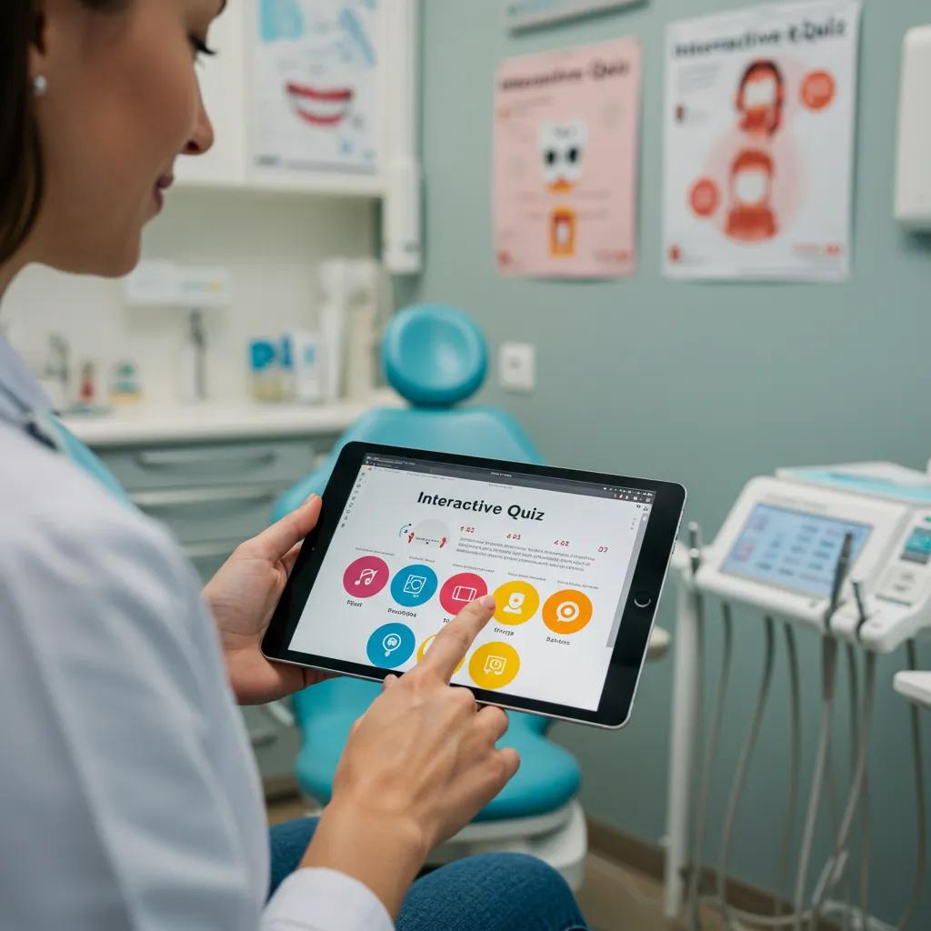 Patient engaging with an interactive quiz on a tablet in a dental office