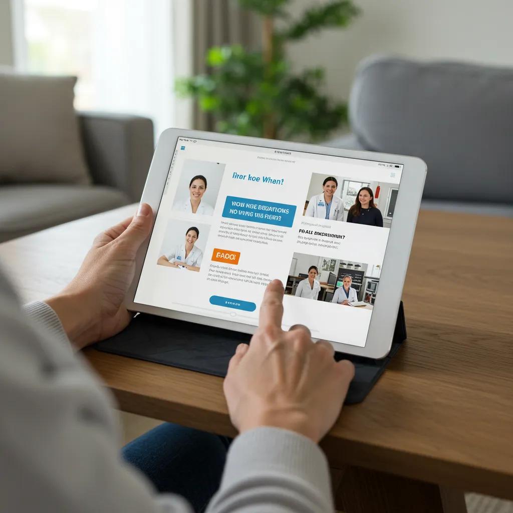 Patient engaging with healthcare content on a tablet in a cozy home setting, focusing on informative visuals and text related to health queries and patient support.