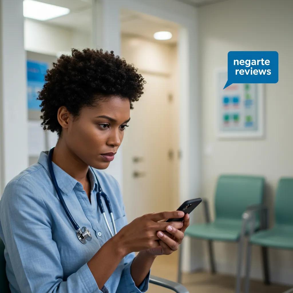 Patient reading negative online reviews in a healthcare waiting room, illustrating the emotional impact of feedback