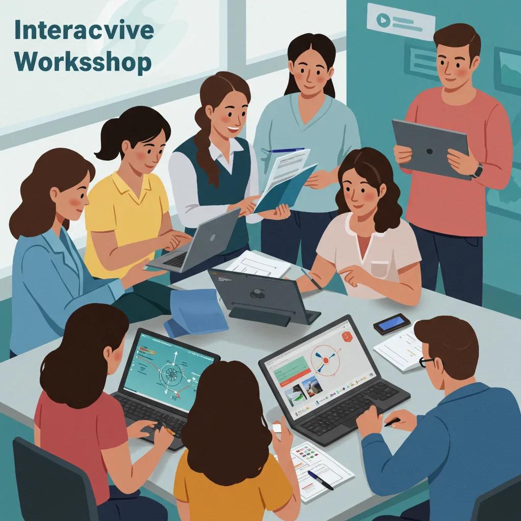 Interactive health workshop with participants engaging in creative content marketing strategies, utilizing laptops and tablets to enhance patient engagement and local SEO.