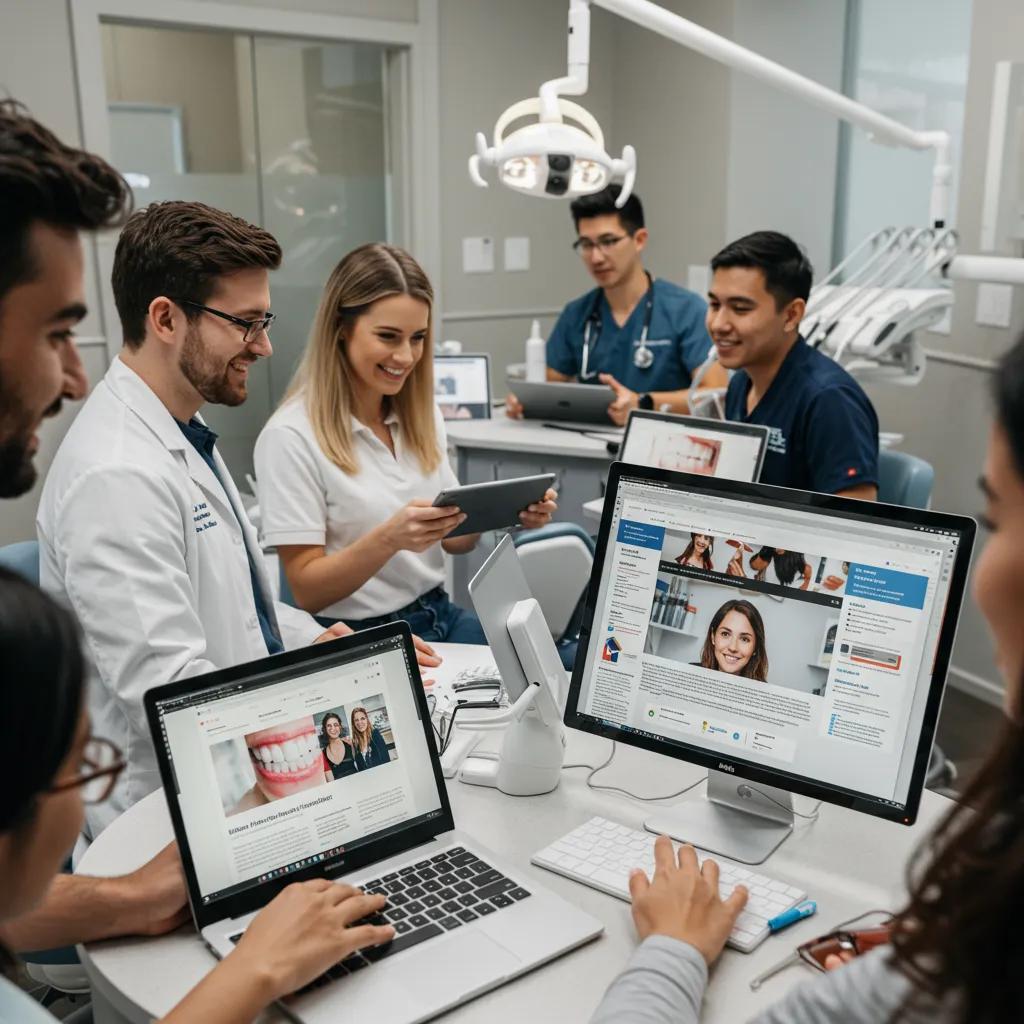 Dental professionals engaging with educational content on digital devices in a modern dental office, illustrating effective patient acquisition strategies through content marketing.
