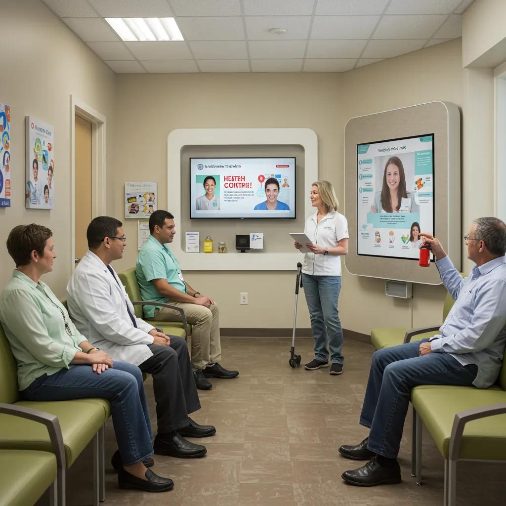 Master Your Content Calendar for Effective Marketing Strategy Patients engaging with educational content in a healthcare waiting room