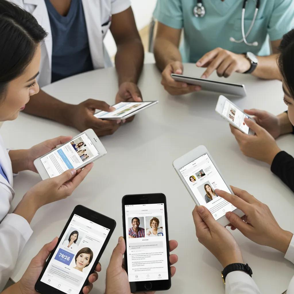 Healthcare professionals engaging with personalized healthcare content on digital devices, highlighting patient-centric strategies for improved engagement and tailored communication.