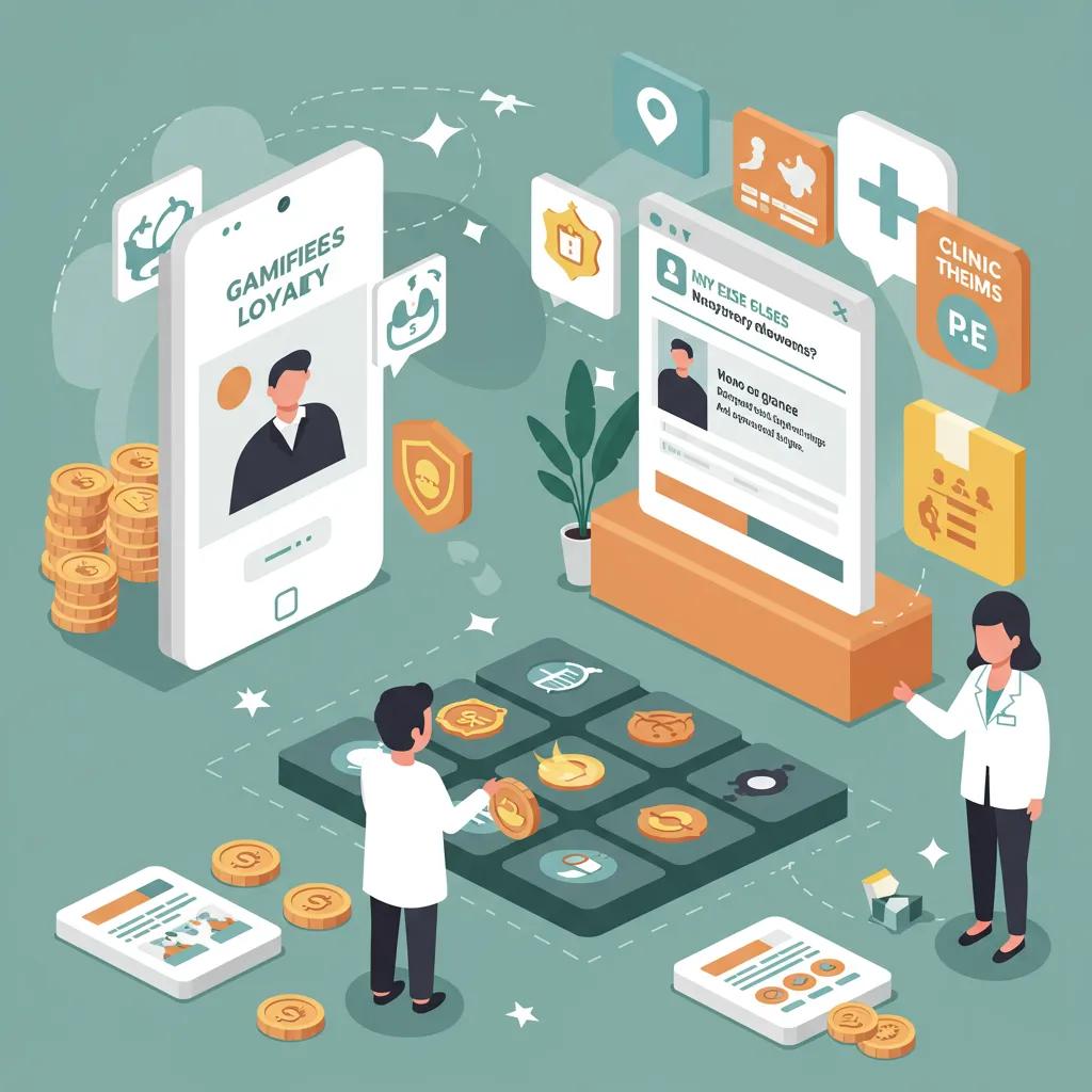 Patients participating in a gamified loyalty program at a healthcare clinic, earning rewards and engaging in challenges