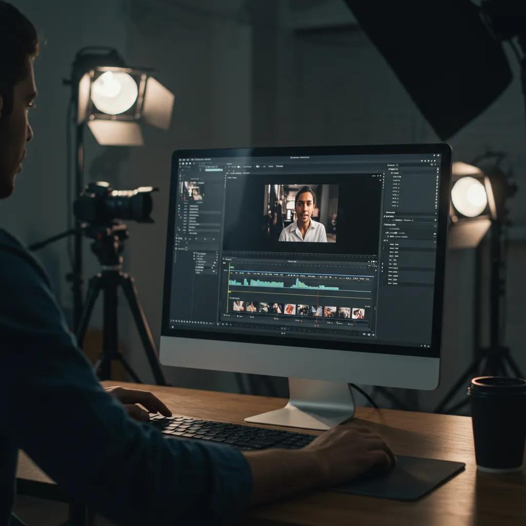 Person editing video content for dental marketing on a computer, showcasing professional video editing software in a studio setting with camera equipment and lighting.