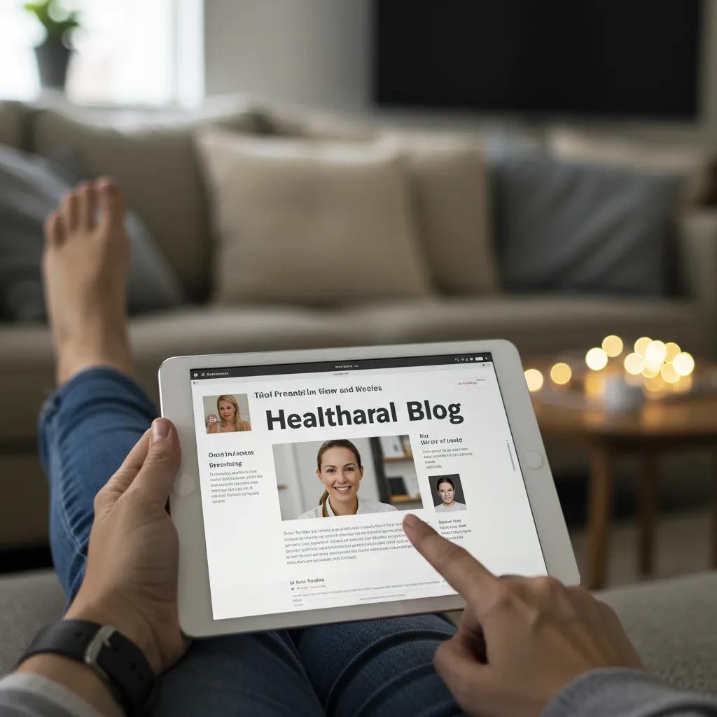 Person reading a healthcare blog on a tablet in a cozy setting, illustrating the role of educational content in building patient trust