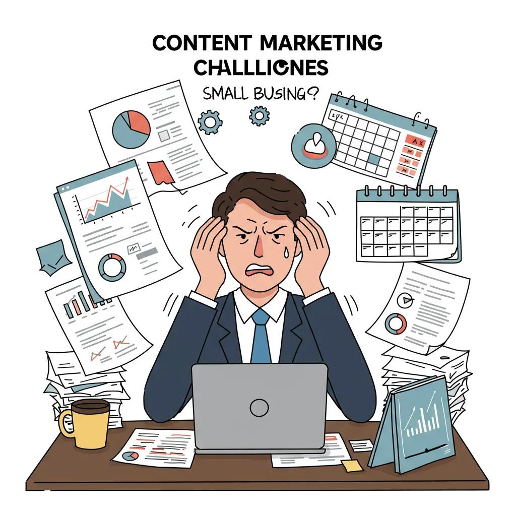 Small business owner facing content marketing challenges at a cluttered desk