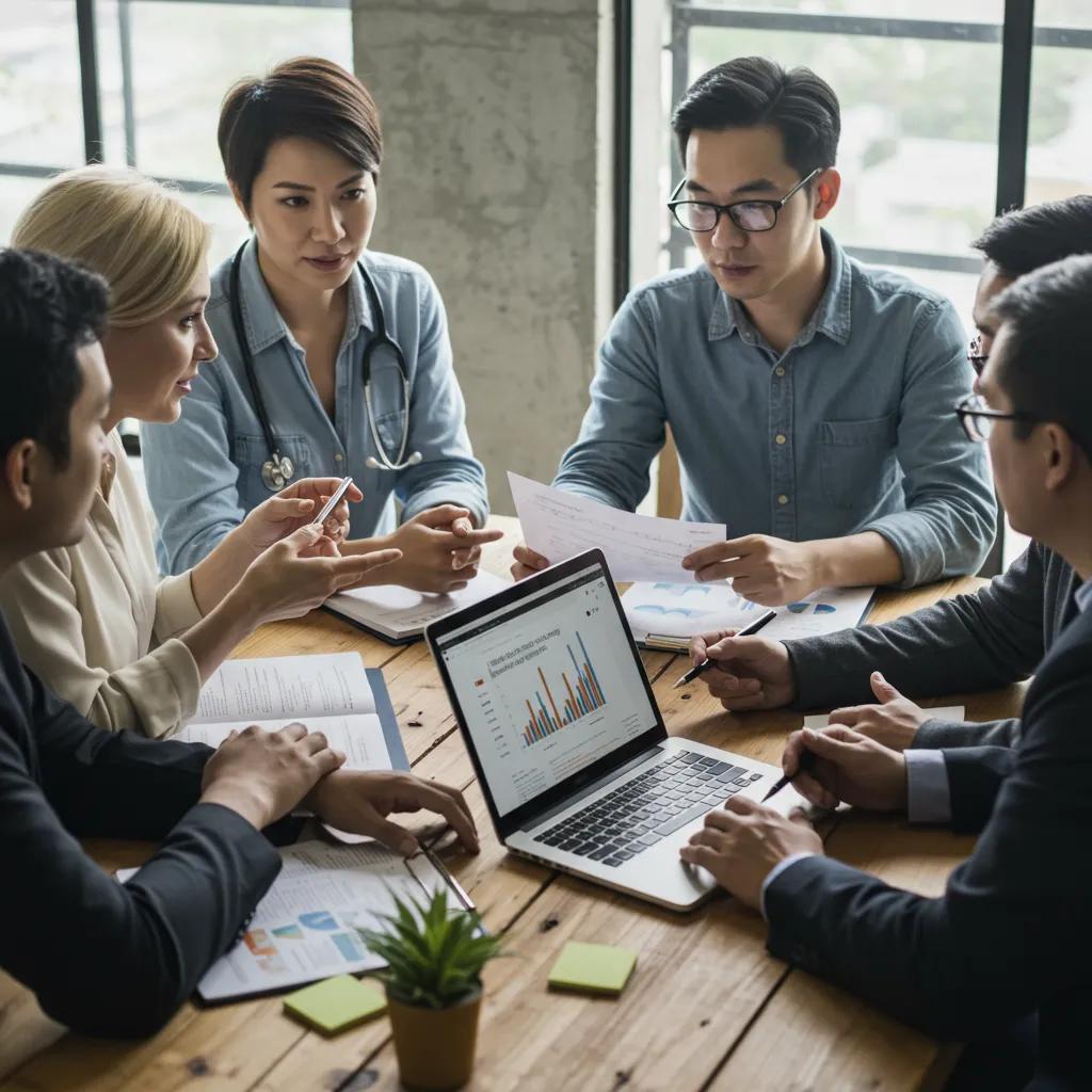 Small healthcare team collaborating on ROI tracking strategies with charts and a laptop