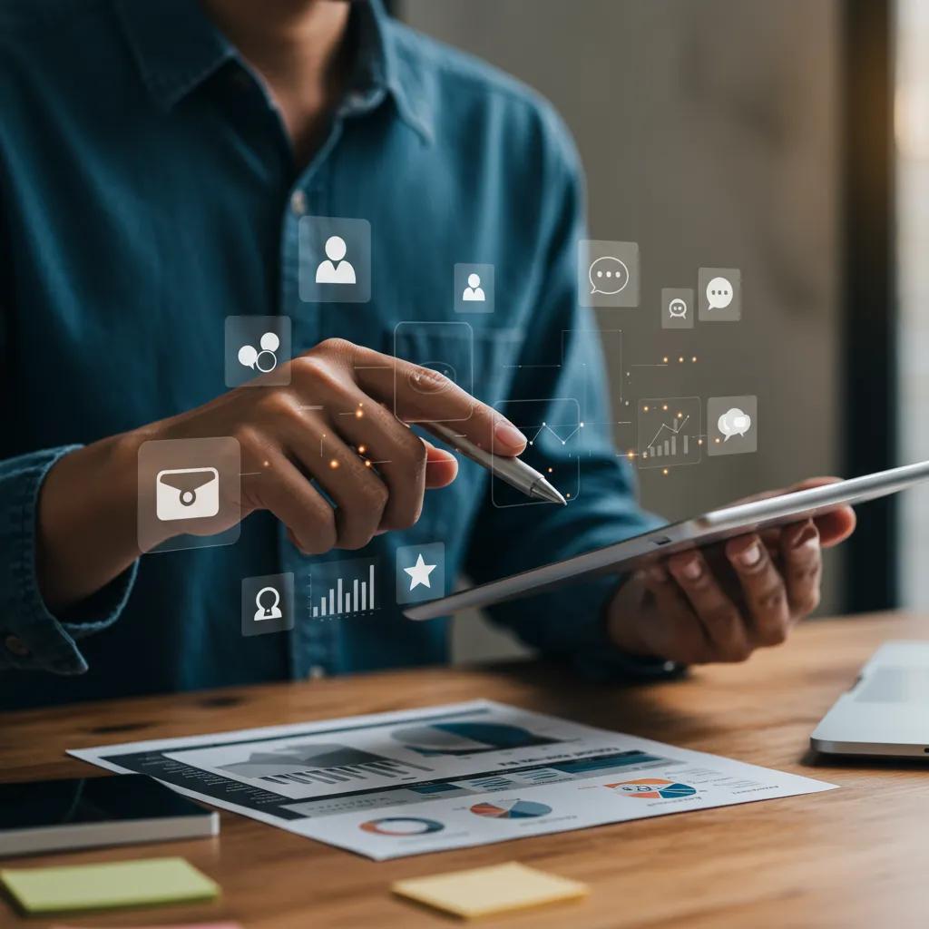 Person analyzing engagement metrics on a tablet, surrounded by digital marketing icons and graphs, emphasizing social media strategy for healthcare marketing.
