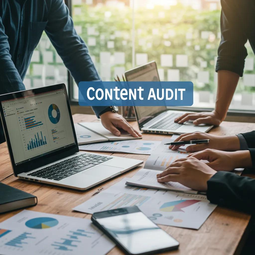 Healthcare content strategist analyzing a content audit on a laptop in a productive workspace