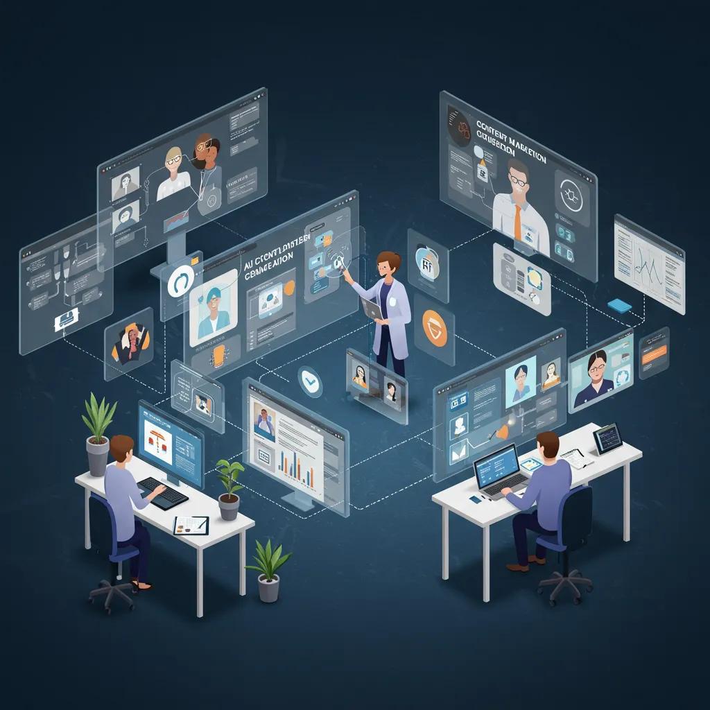 Team of healthcare marketers collaborating with AI tools to automate content creation processes