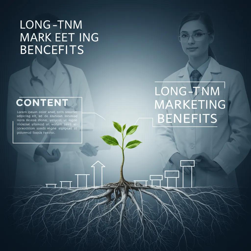 Growing tree visual metaphor representing long-term content marketing benefits in healthcare, with elements highlighting content strategies and marketing advantages, alongside medical professionals.