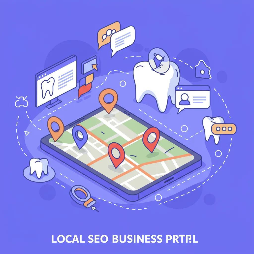 Visual representation of local SEO strategies for dental practices, highlighting Google Business Profile and location engagement
