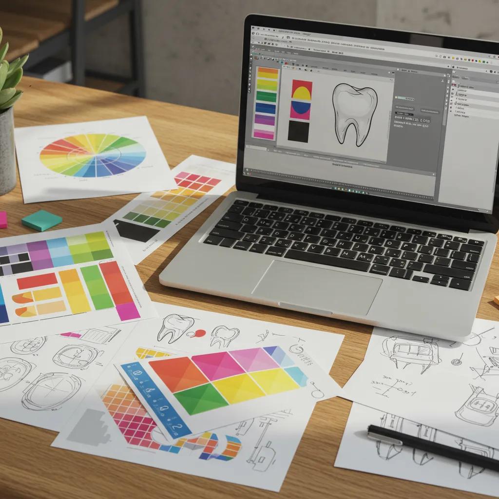 Workspace featuring graphic design tools for dentists, including a laptop displaying dental graphics software, colorful design templates, and sketches on printed paper, emphasizing patient education and branding.
