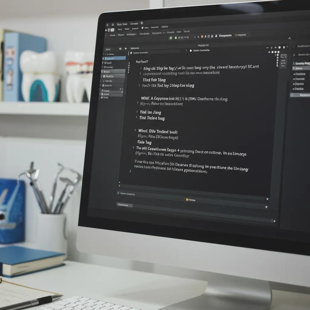 Close-up of a computer screen showing a well-structured title tag in an HTML editor, set in a dental-themed workspace