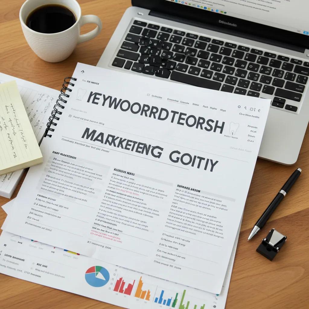 Collection of keyword research tools for dentists on a desk