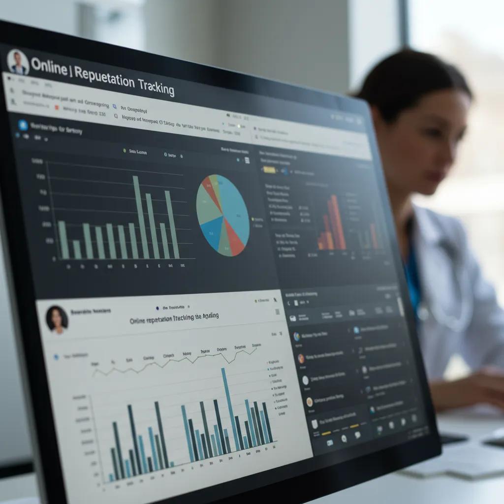 Dashboard displaying metrics for online reputation tracking in healthcare, featuring bar graphs, pie charts, and sentiment analysis, with a healthcare professional in the background.
