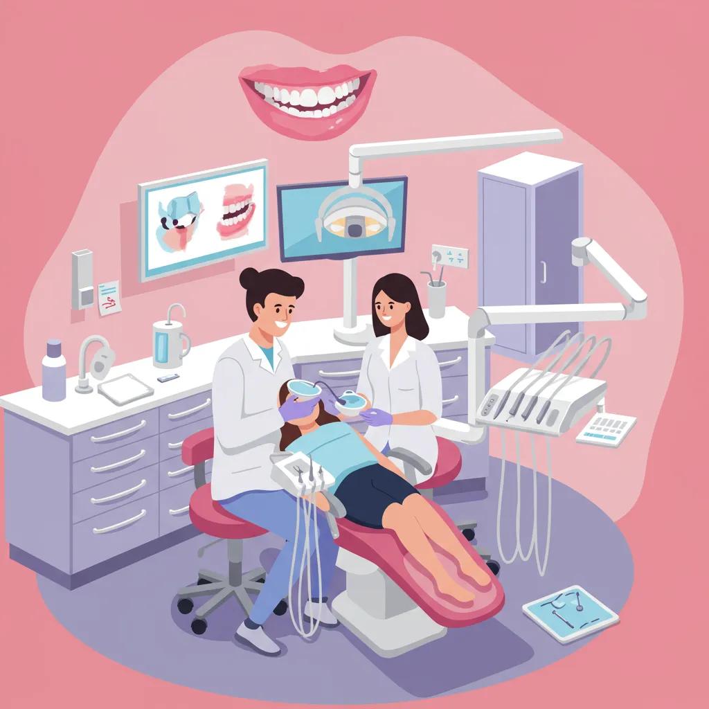 Dental clinic environment with a dentist and patient interaction, emphasizing care and professionalism