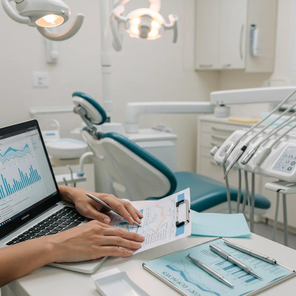 Dental professional analyzing keyword data in a modern clinic setting
