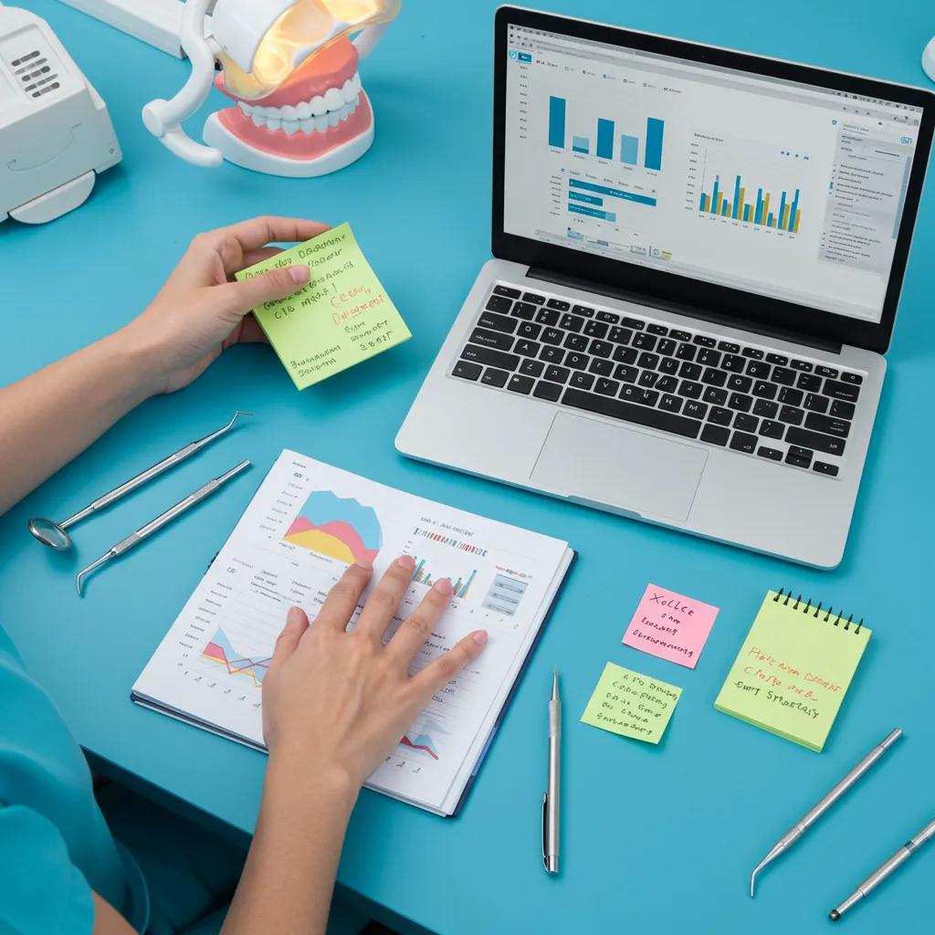 Dental professional analyzing keyword data in a modern dental office