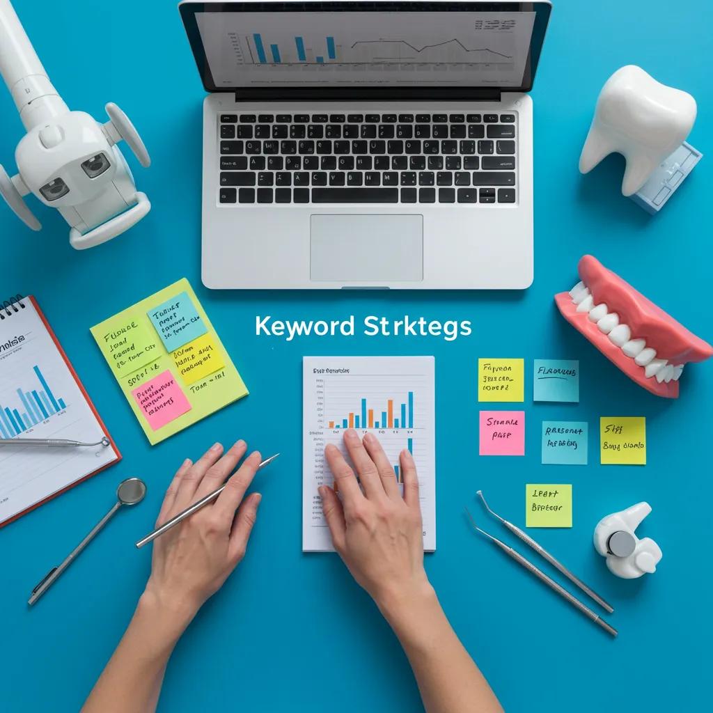 Dental professional analyzing keyword data in a modern dental office