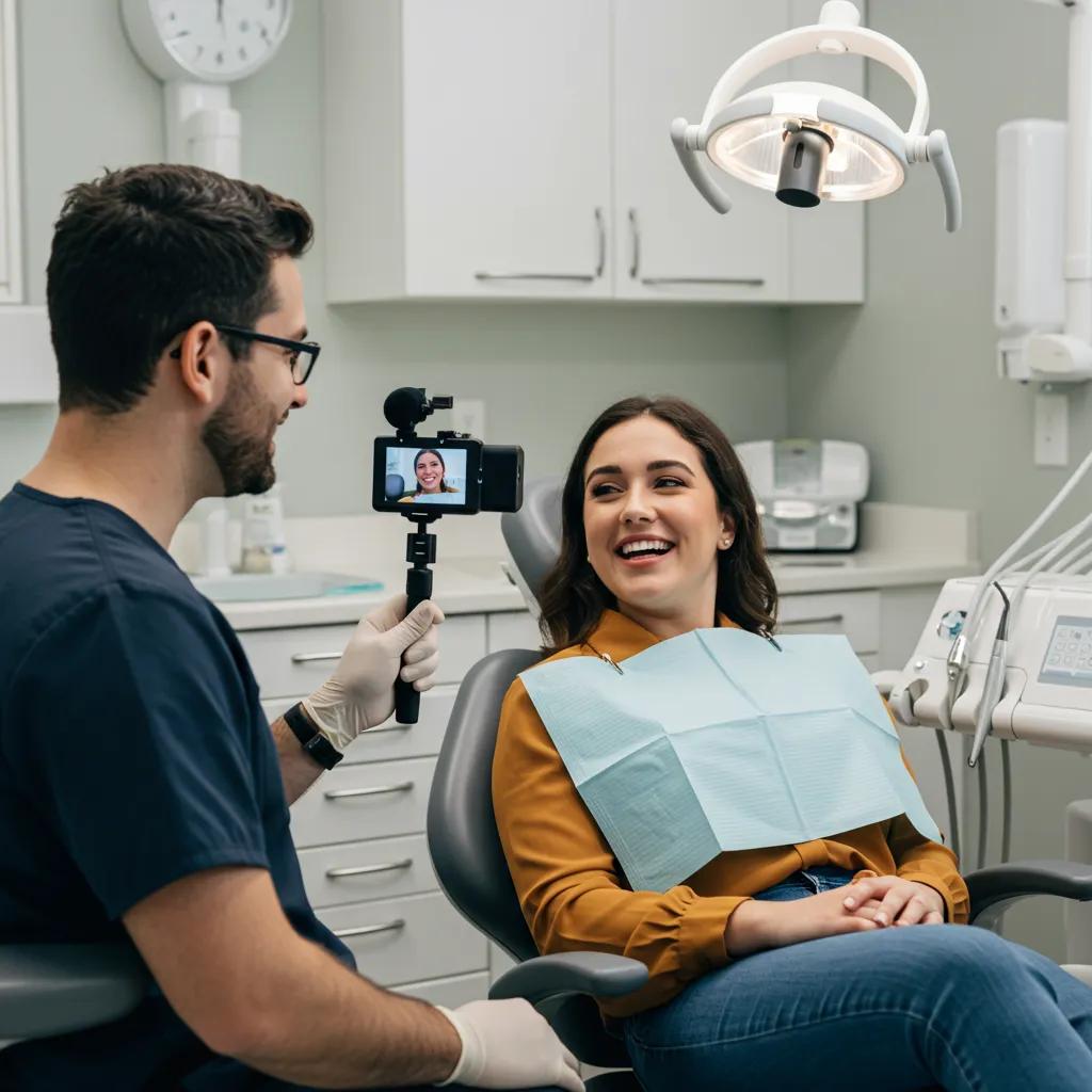Dental professional recording a video testimonial with a satisfied patient in a dental office