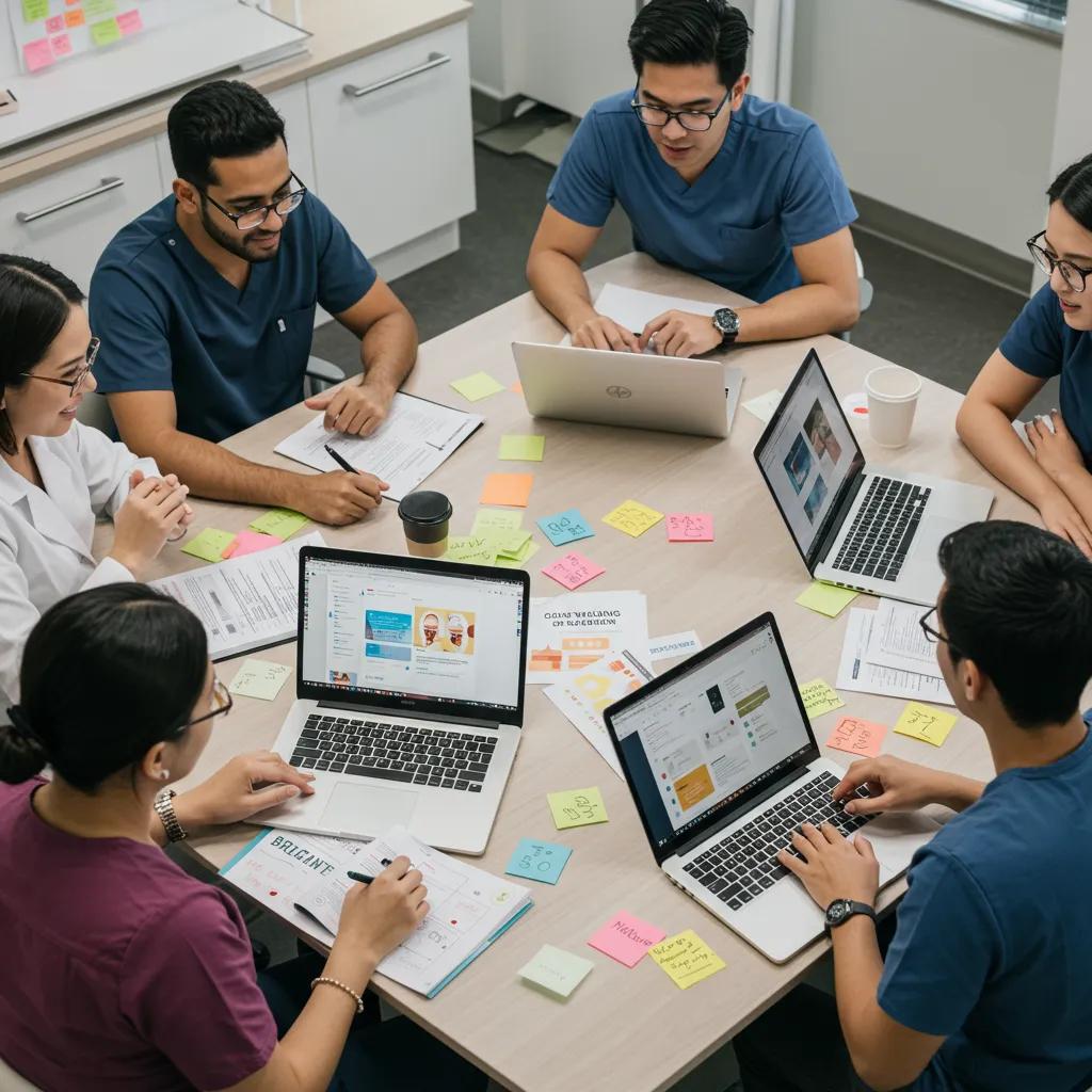 Dental professionals collaborating on content marketing strategies to engage patients