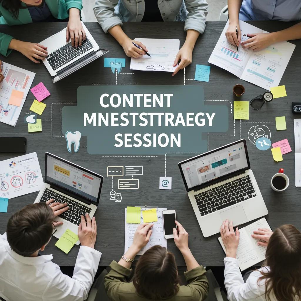 Dental professionals collaborating on content strategy for SEO success, emphasizing teamwork and growth