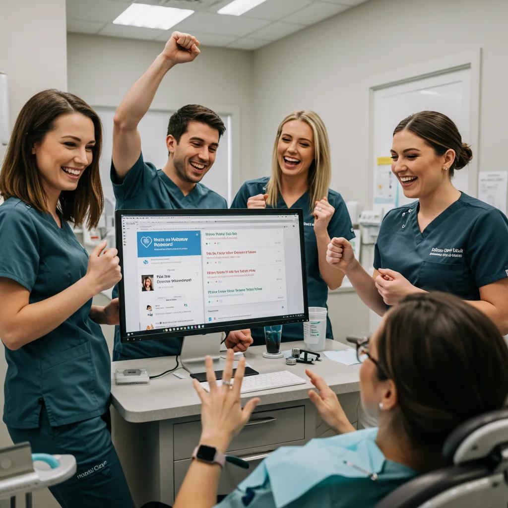 Dental team celebrating positive patient reviews with a computer display