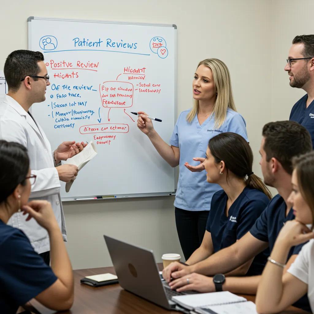 Dental team discussing patient review management strategies in a collaborative meeting