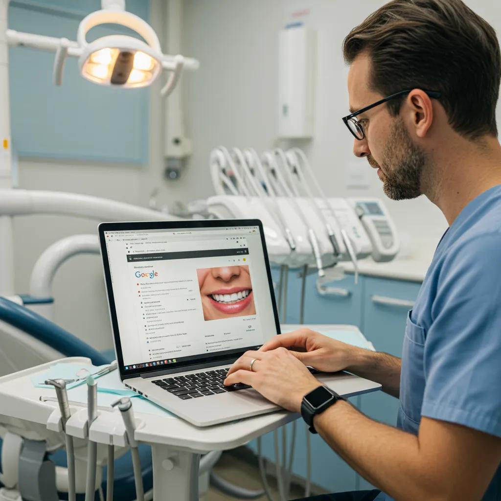 Dentist optimizing Google Business Profile on a laptop in a dental clinic