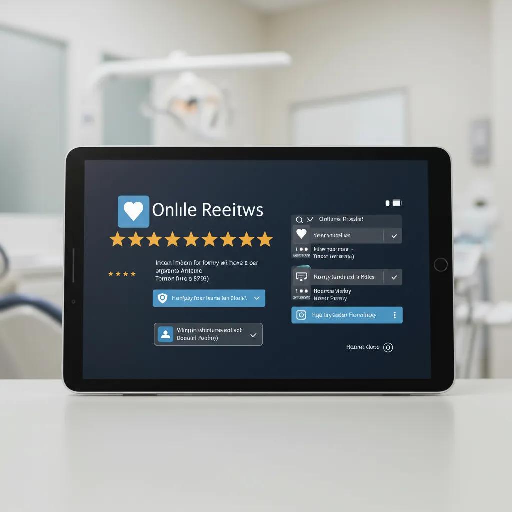 Digital tablet displaying positive online reviews for a dental practice, featuring five-star ratings and feedback prompts, set in a dental office environment.