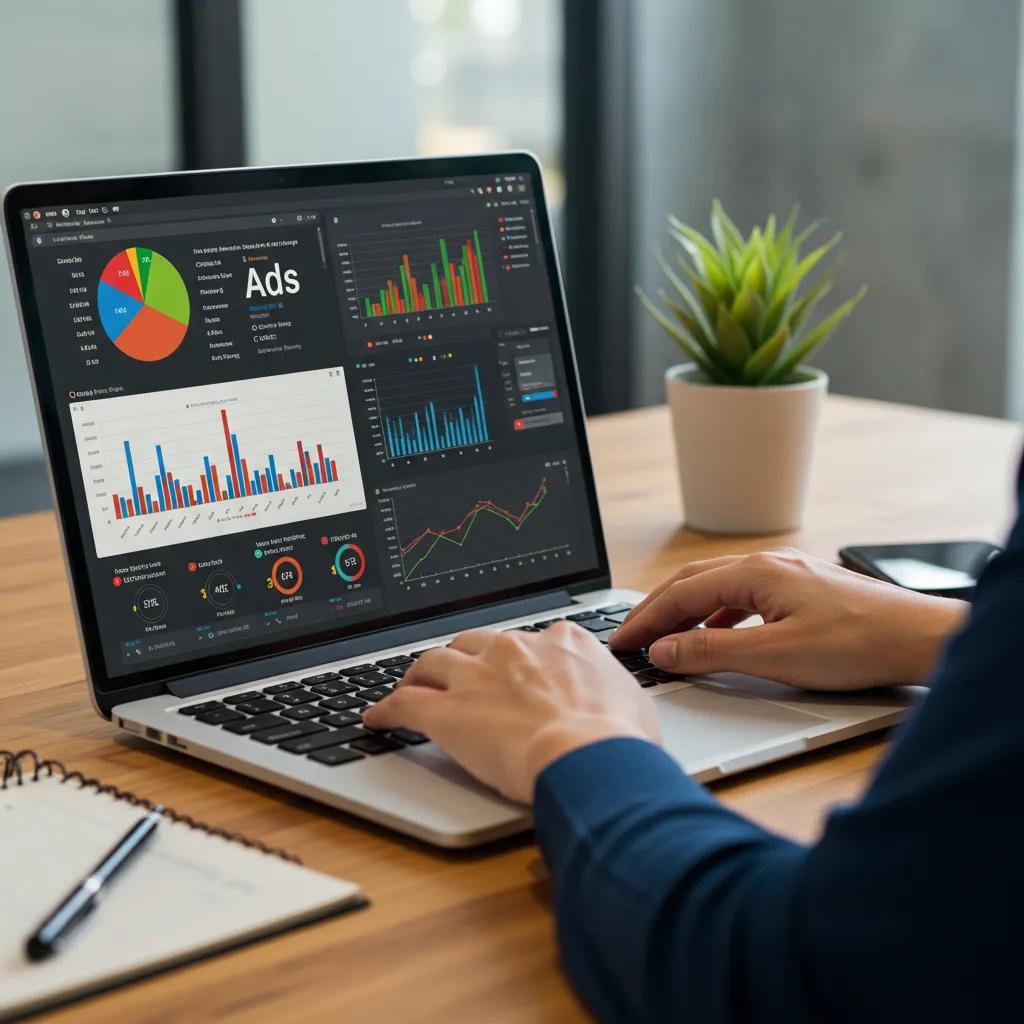 Digital marketing professional analyzing Google Ads data, highlighting campaign setup for dental clinics