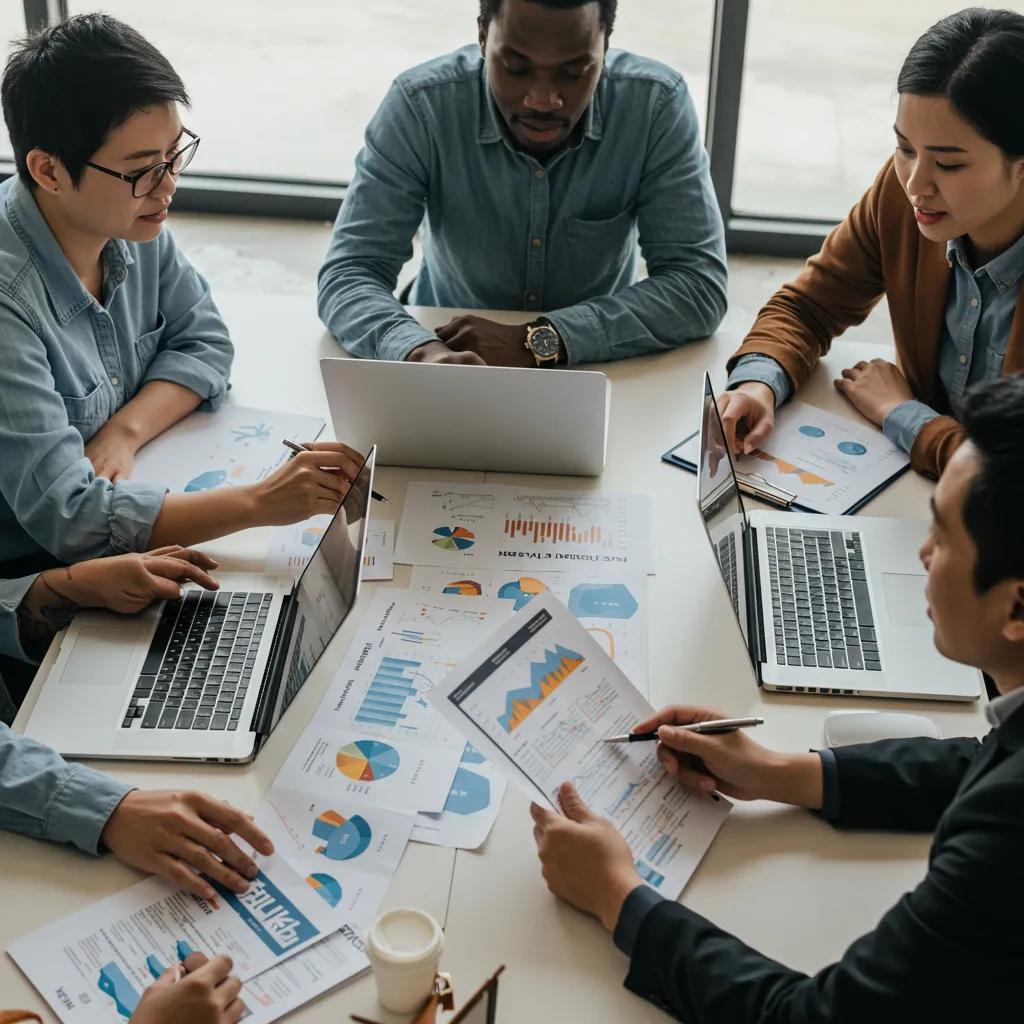 Diverse team of healthcare marketers collaborating over data analysis and marketing strategies