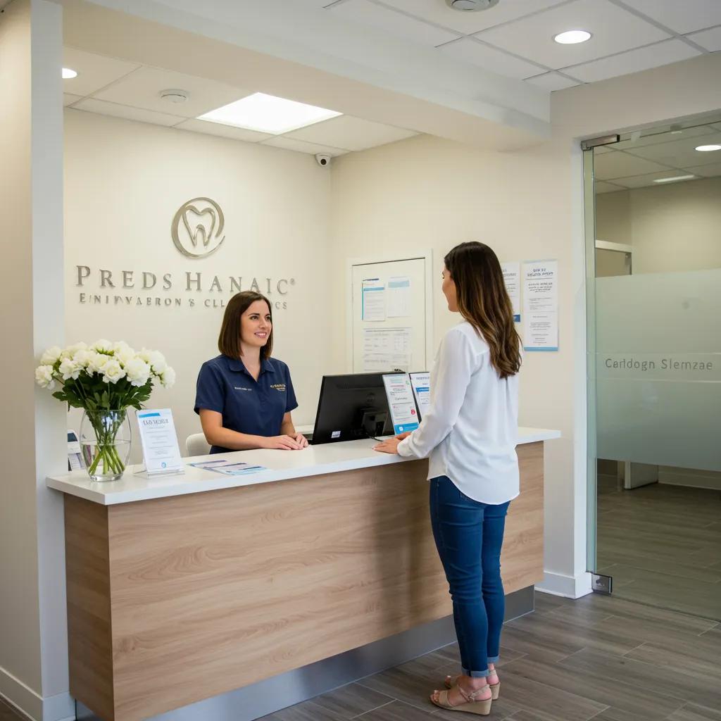 Friendly receptionist welcoming a new patient in a dental clinic reception area