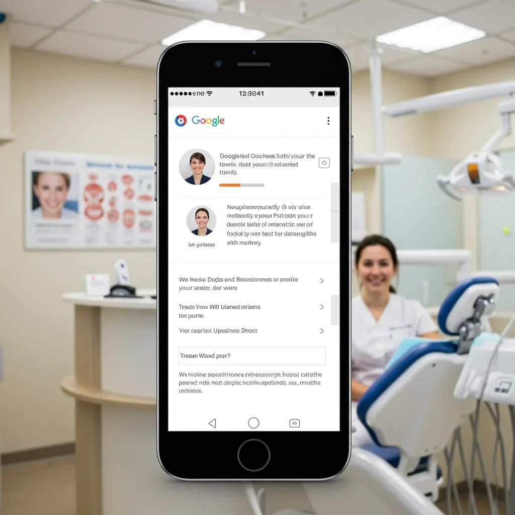 Google Business Profile displayed on a smartphone in a dental office setting