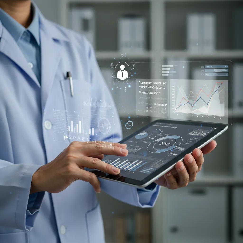 Healthcare manager reviewing automated social media reports on a tablet in a clinic