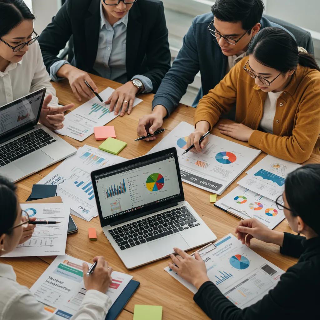 Healthcare marketing team collaborating on digital strategies, analyzing GA4 data on laptops, discussing conversion reports and patient inquiries, surrounded by charts and notes.