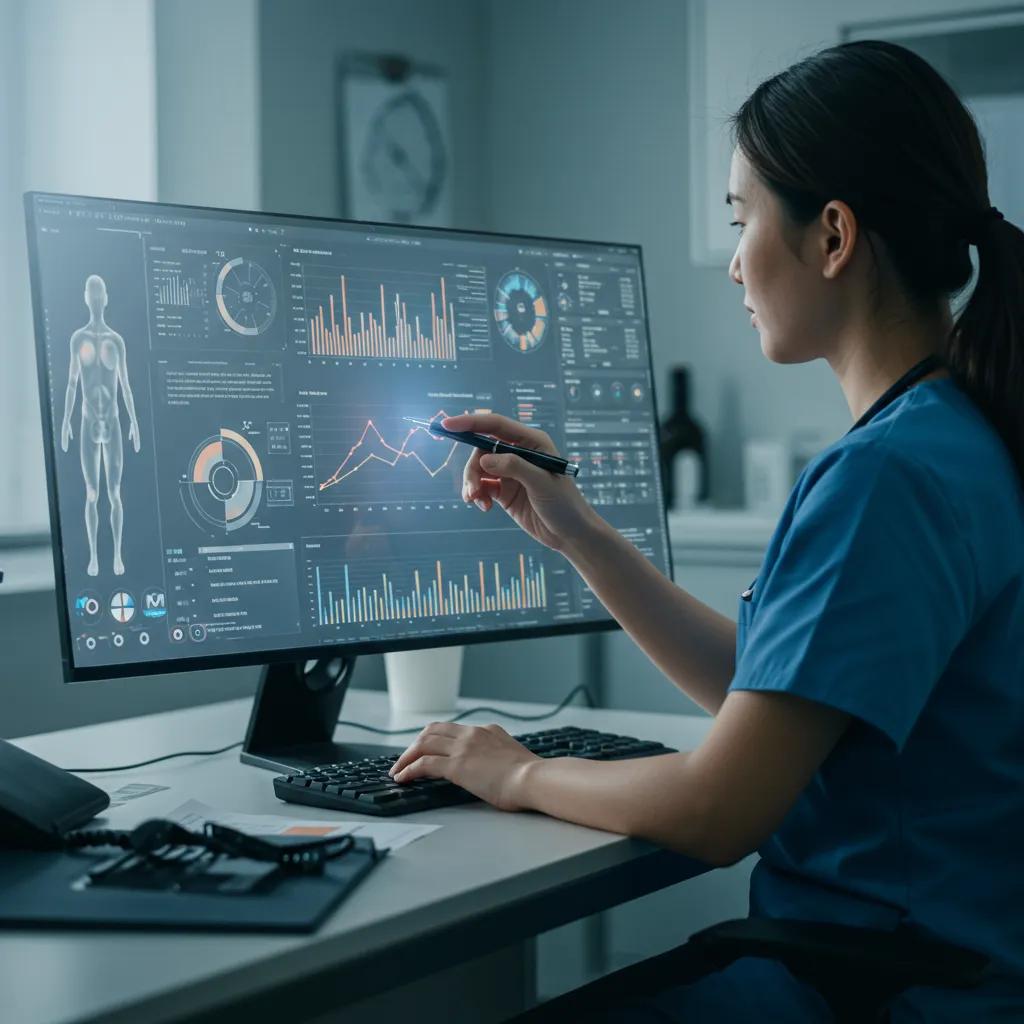 Healthcare professional analyzing data on a digital dashboard in a modern clinic