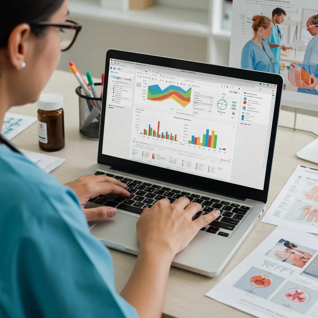 Healthcare professional analyzing Google Analytics data in a modern office setting