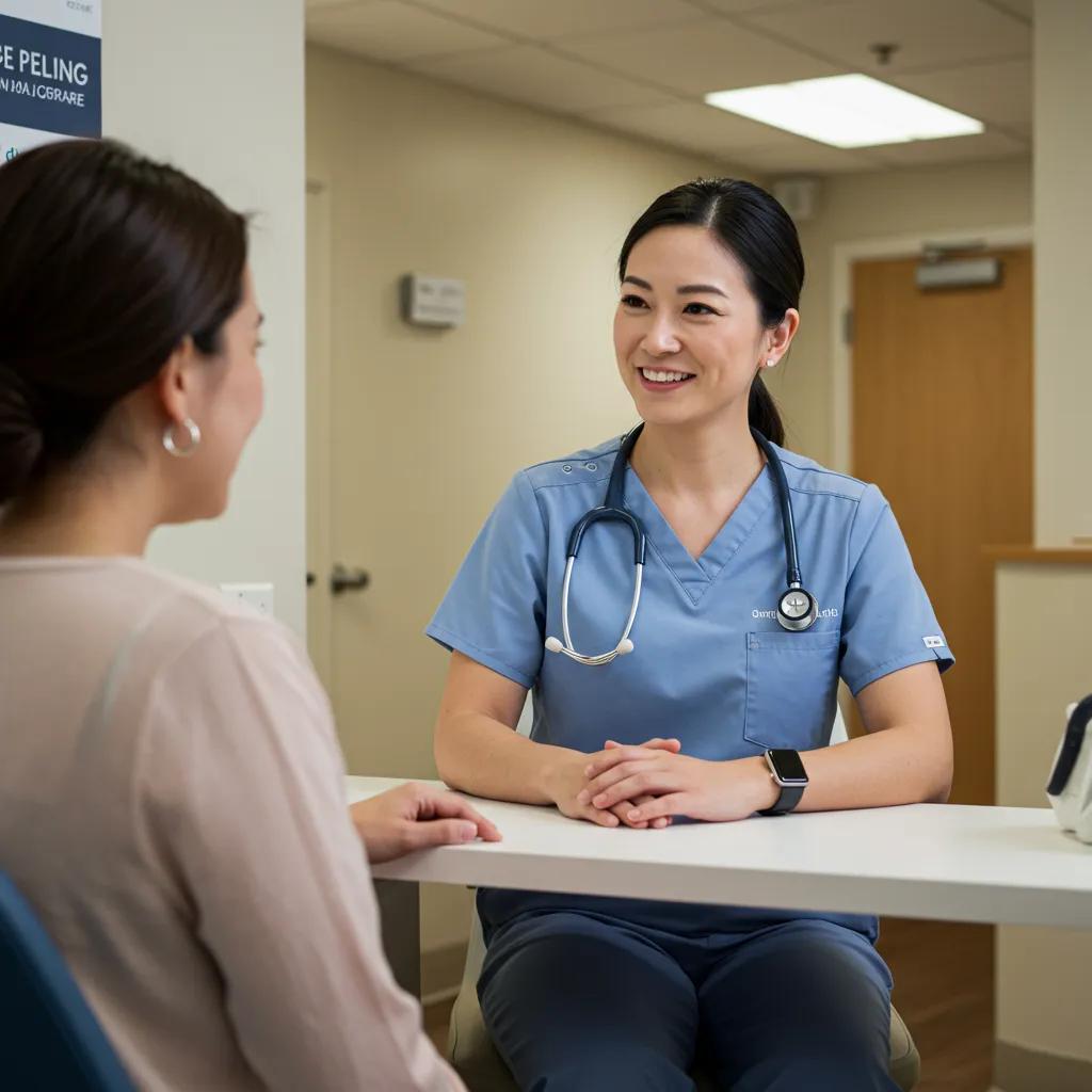 Healthcare professional engaging with a patient in a welcoming clinic environment