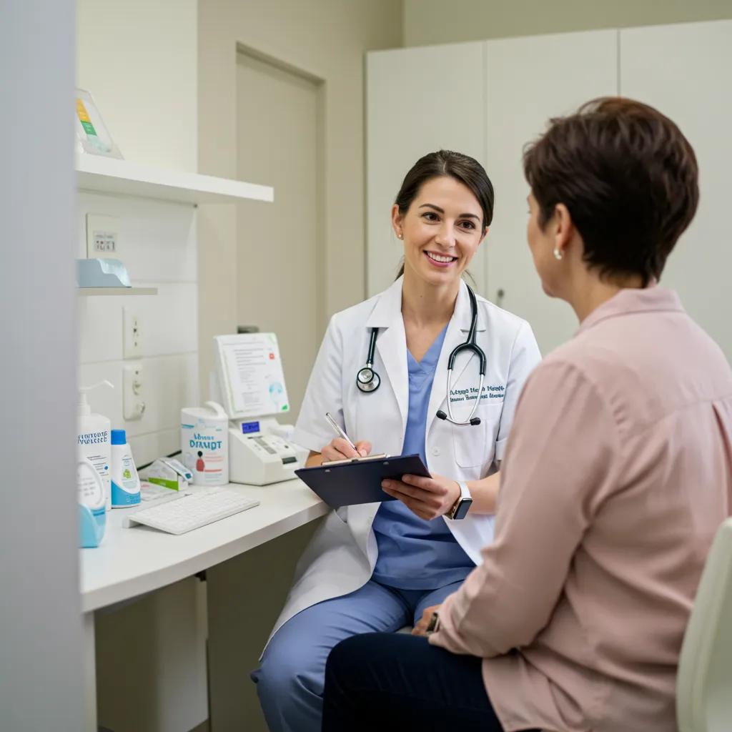 Healthcare professional interacting with a patient in a modern clinic, emphasizing trust and care