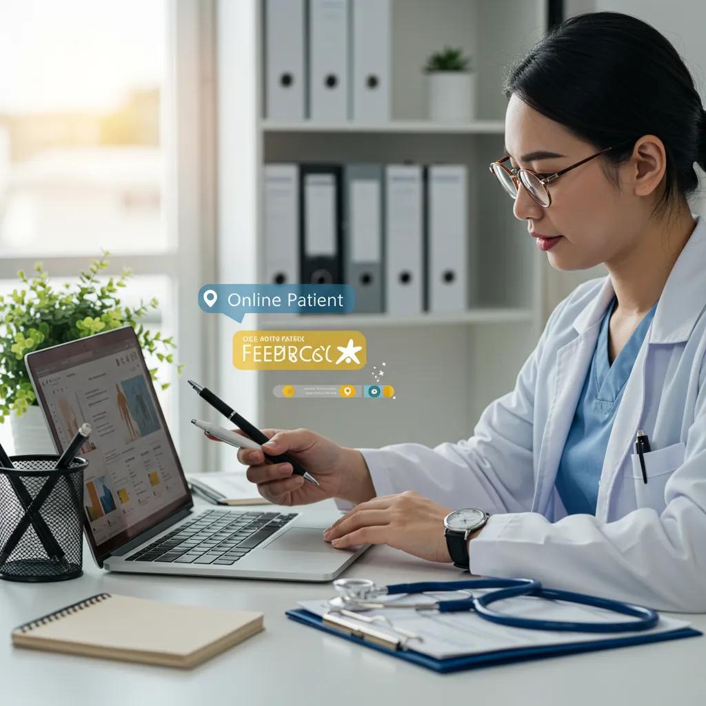 Healthcare professional reviewing online reputation management in a modern clinic