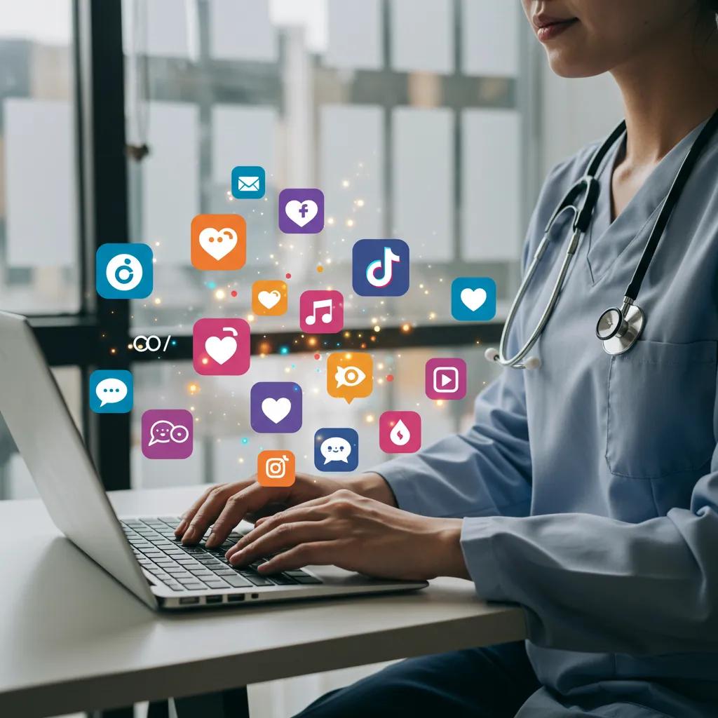 Healthcare professional reviewing social media metrics in a modern clinic office