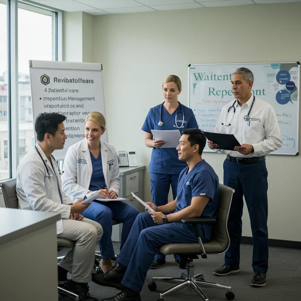Healthcare professionals discussing reputation management strategies in a modern clinic